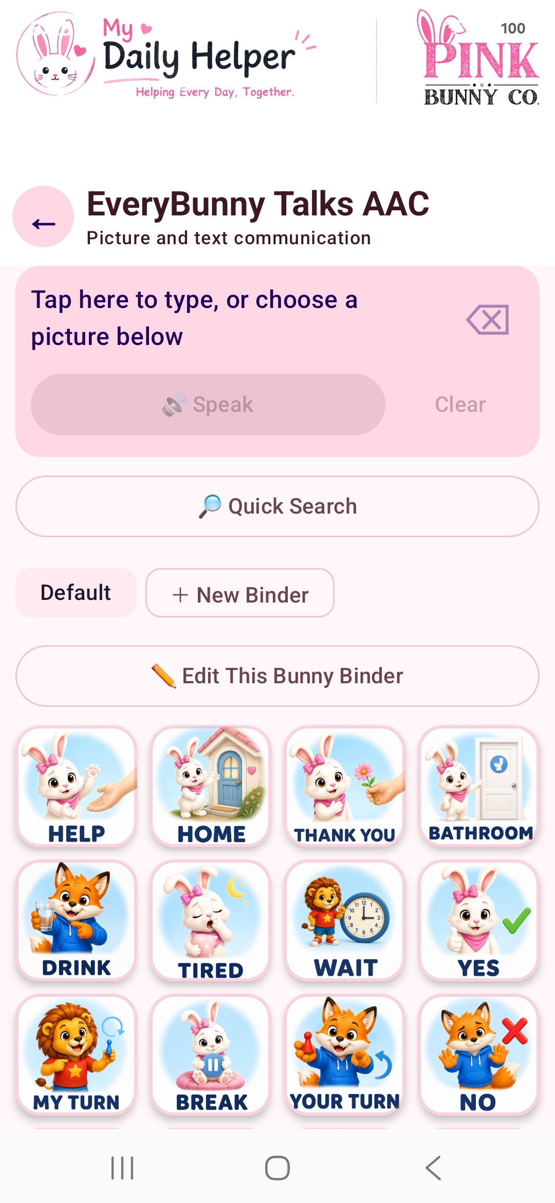 EveryBunny Talks AAC communication board with picture cards and a message area