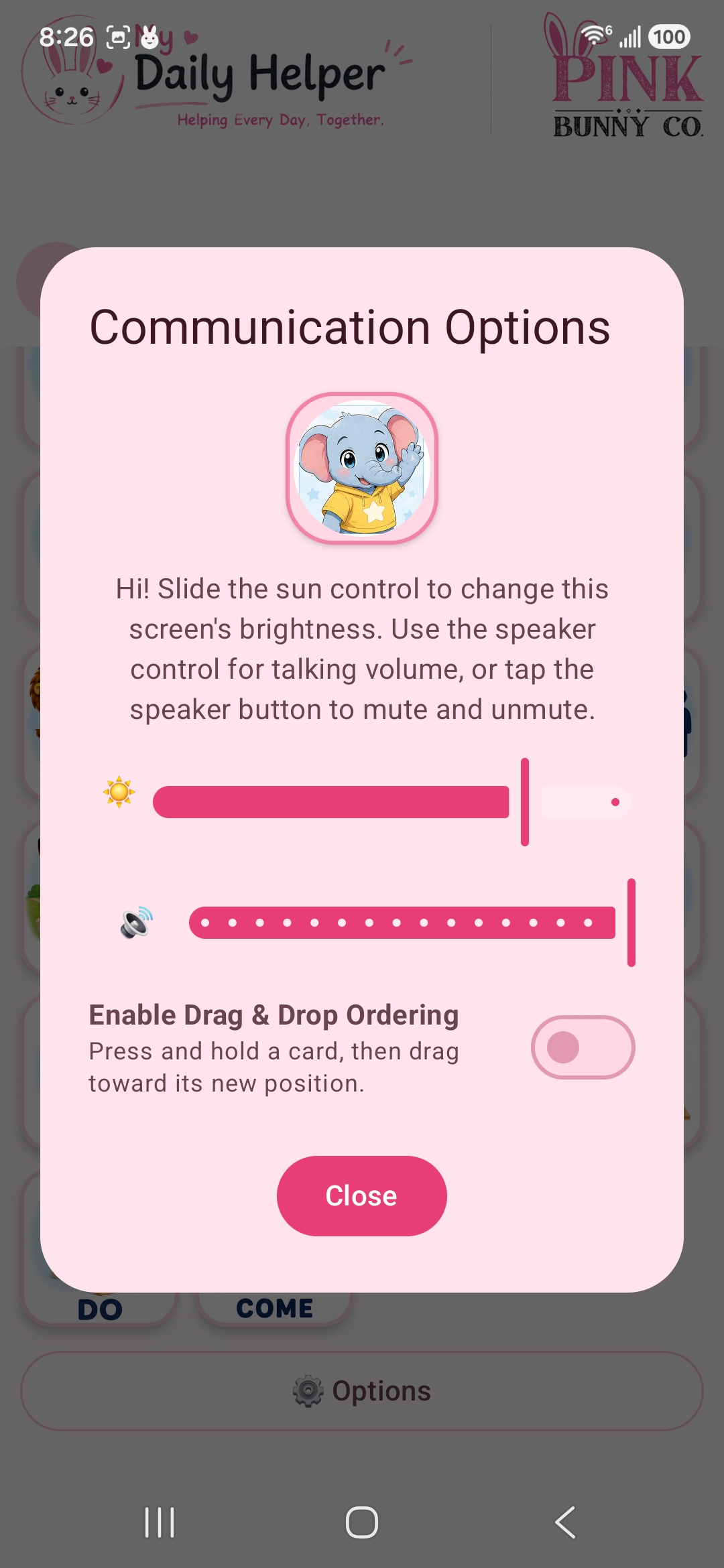 EveryBunny Talks AAC brightness, volume, and card ordering options