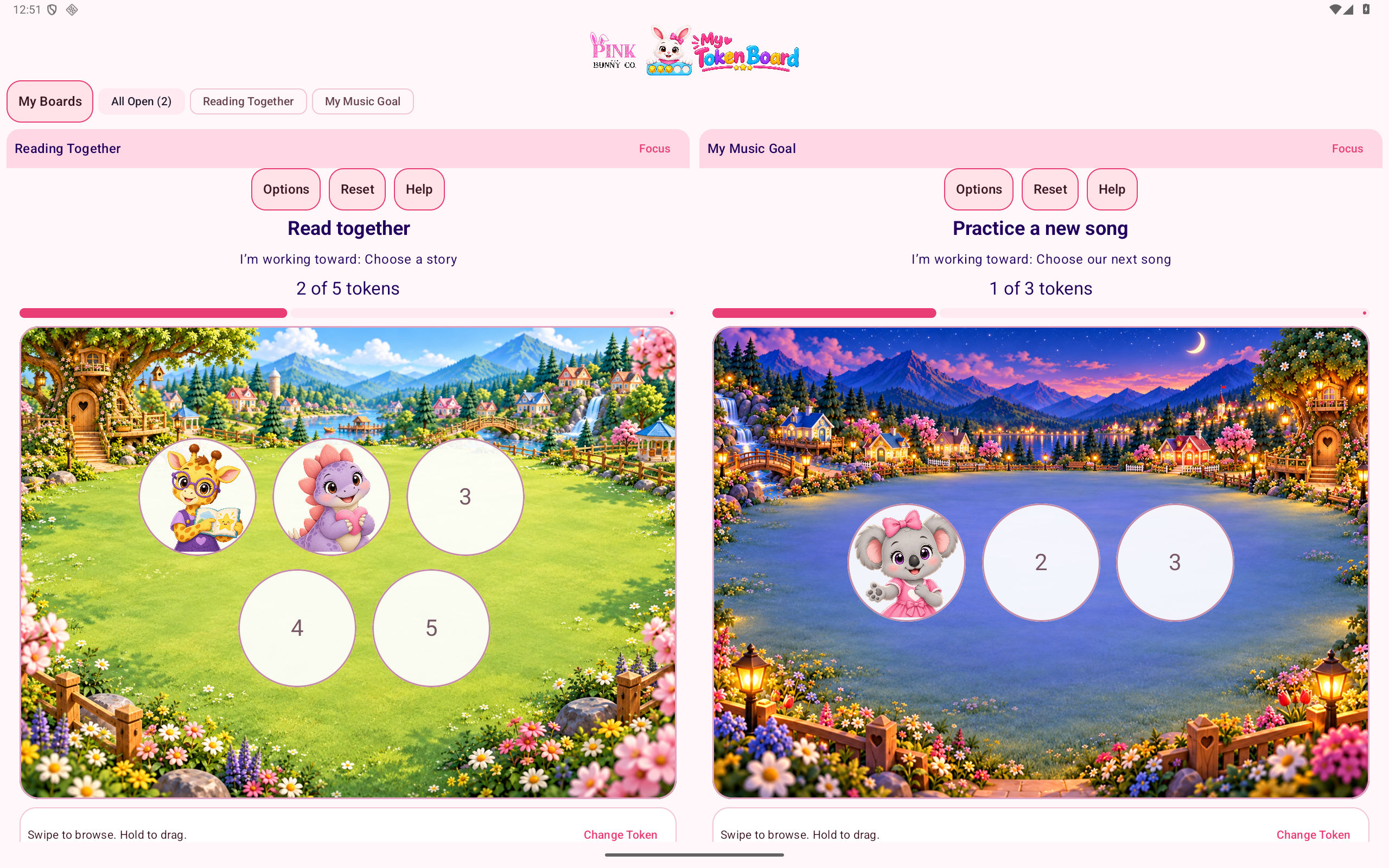 Actual My Token Board tablet screen: Boards in landscape