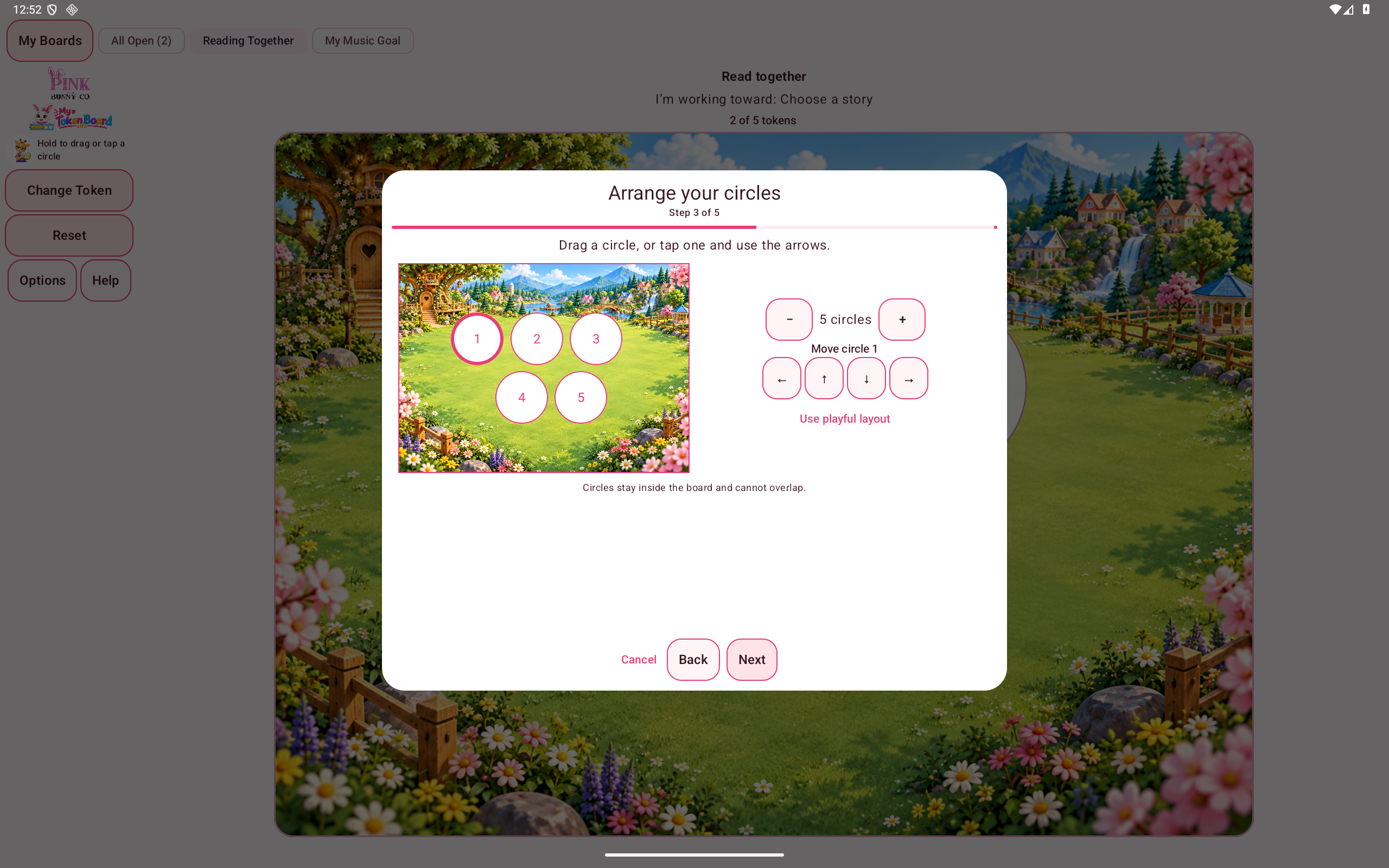 Actual My Token Board tablet screen: Setup in landscape