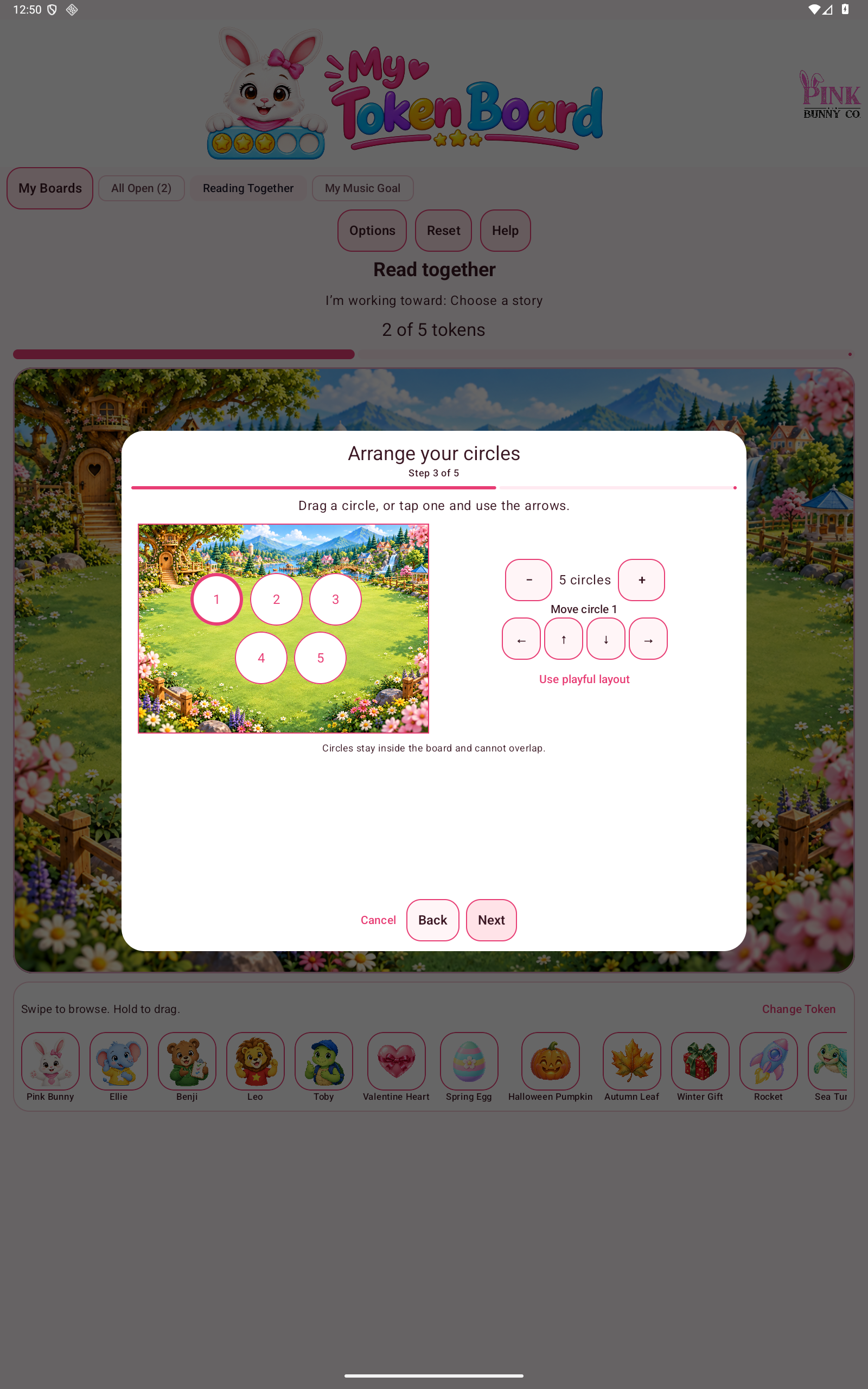 Actual My Token Board tablet screen: Arrange your circles
