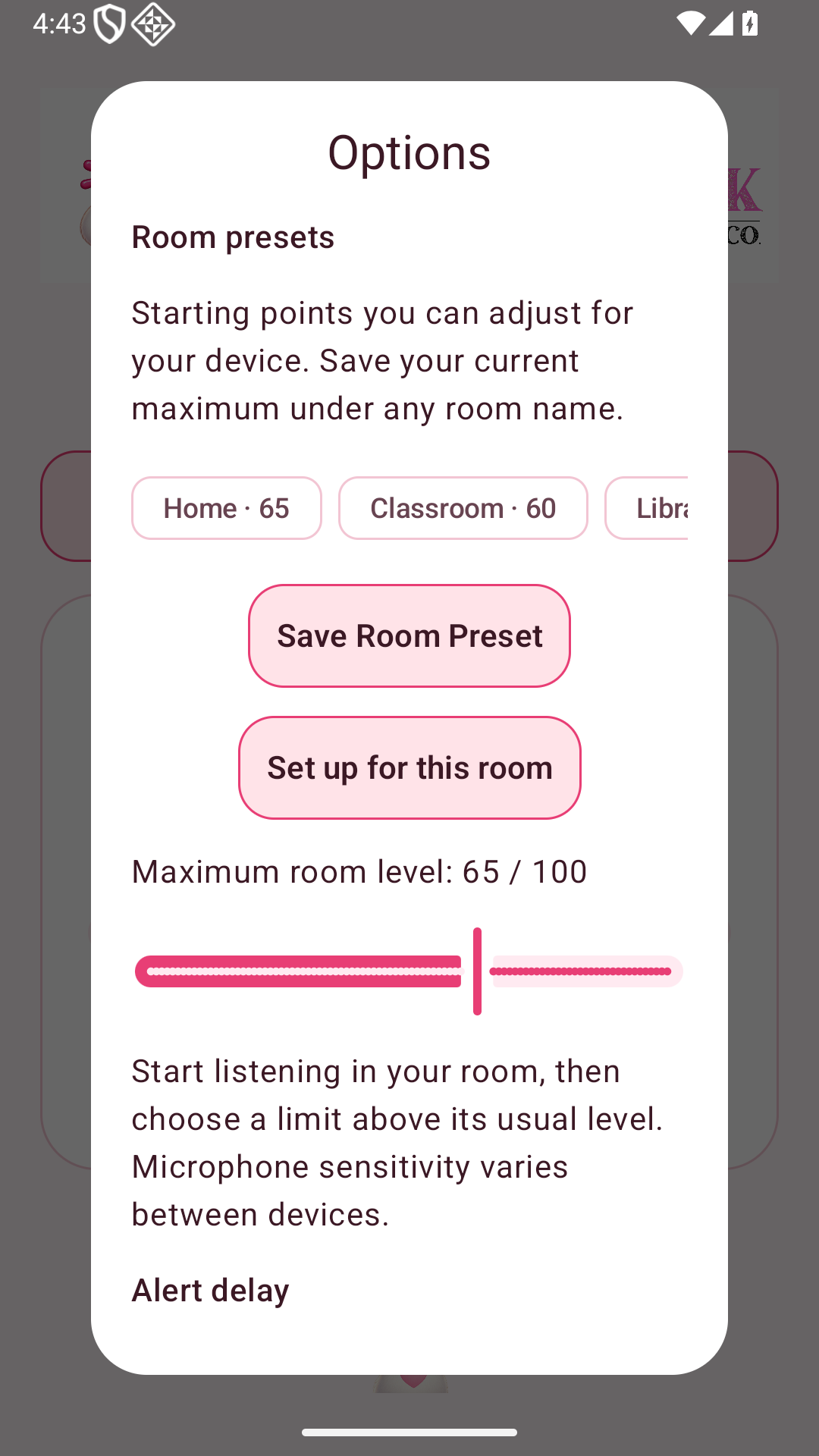 Actual My Volume Level phone screen: Room presets and setup
