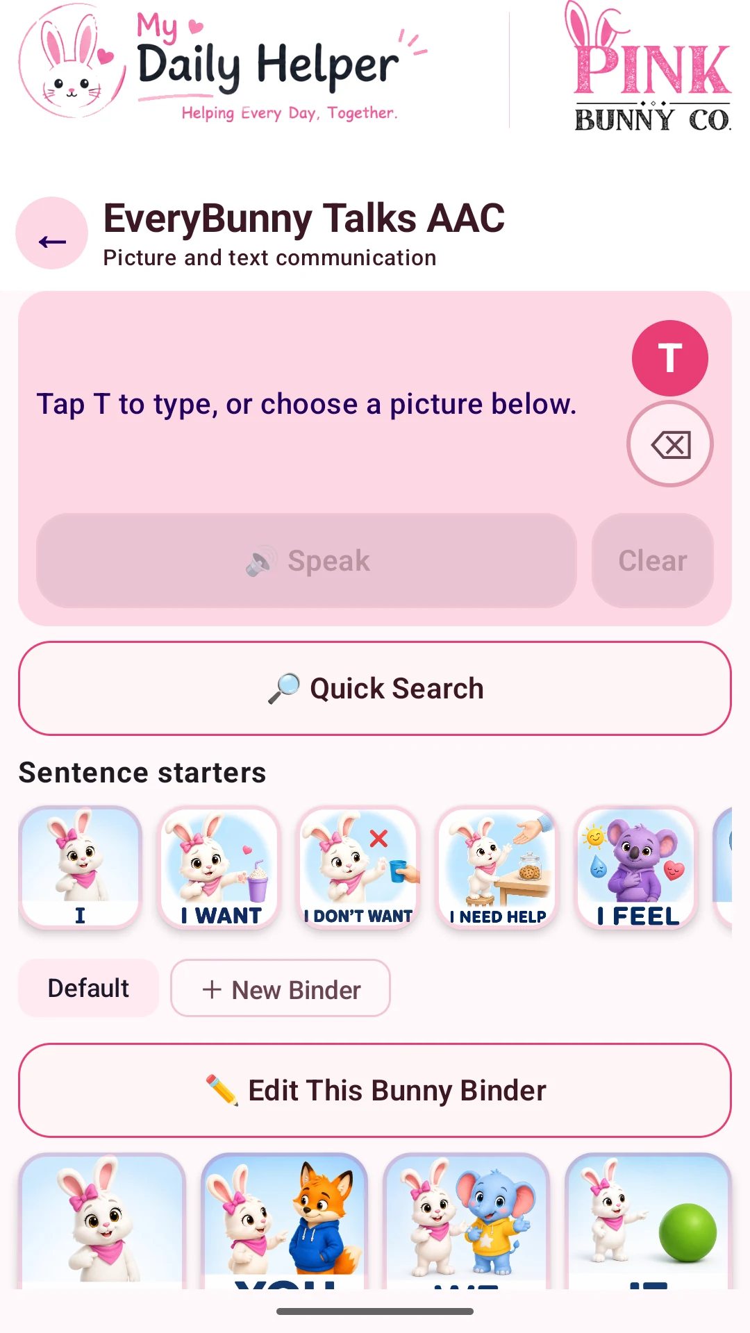 Actual My Daily Helper phone screen: EveryBunny Talks AAC