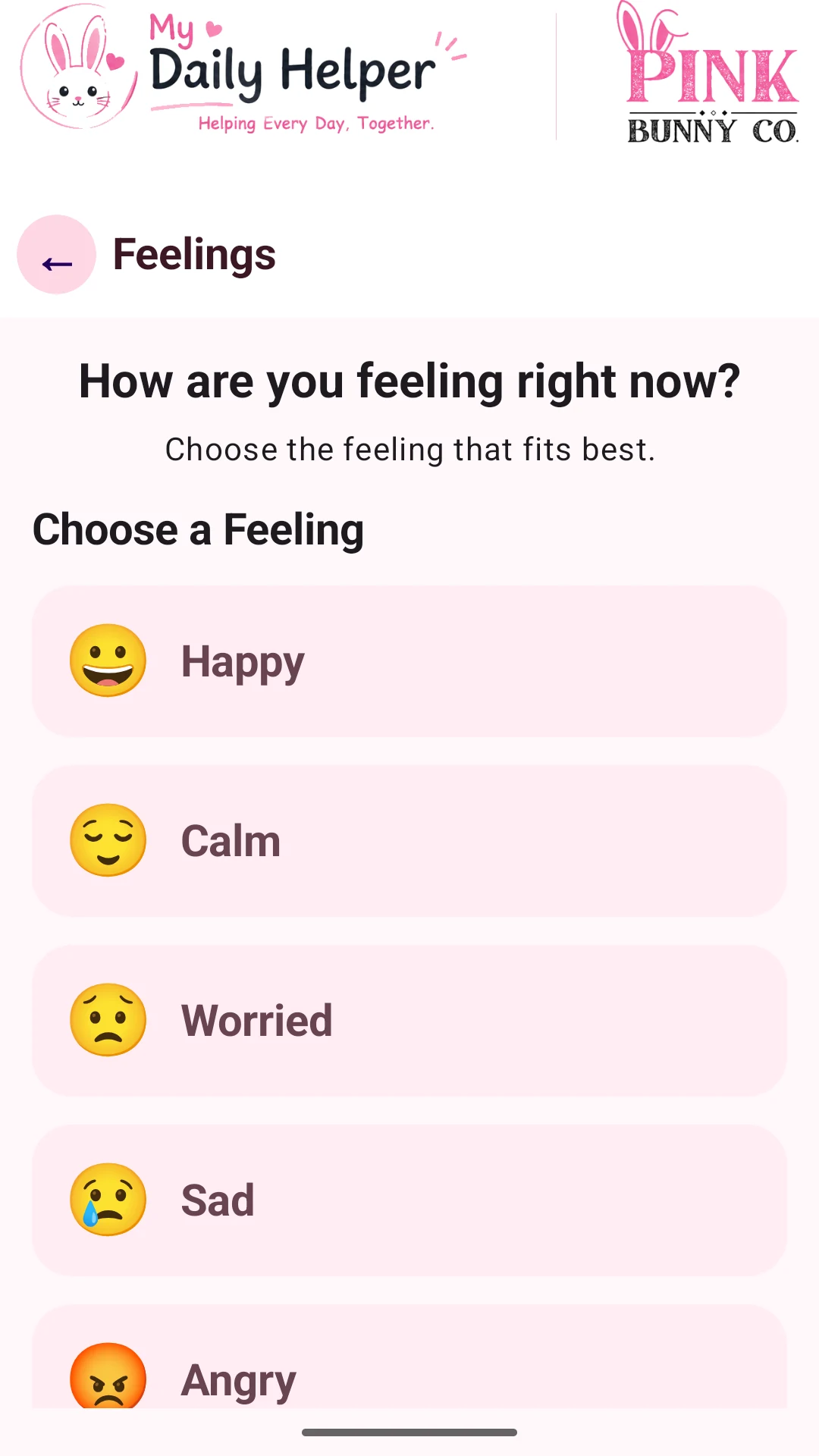 Actual My Daily Helper phone screen: Make room for feelings