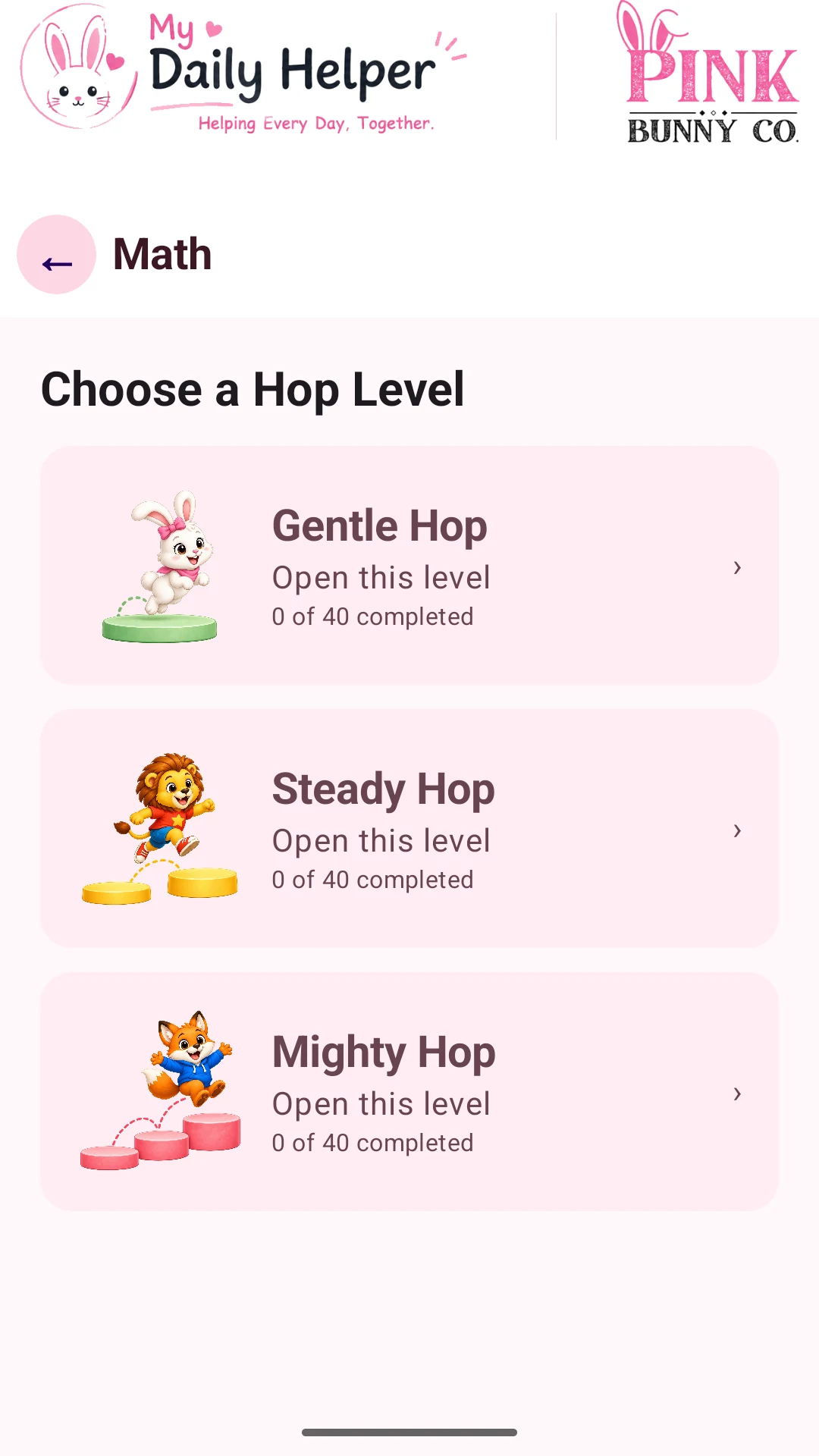 Actual My Daily Helper phone screen: Choose a Hop Level