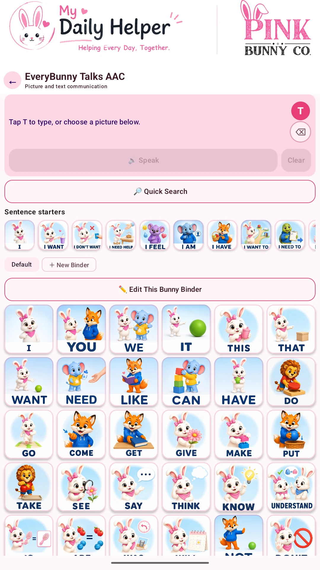 Actual My Daily Helper tablet screen: EveryBunny Talks AAC