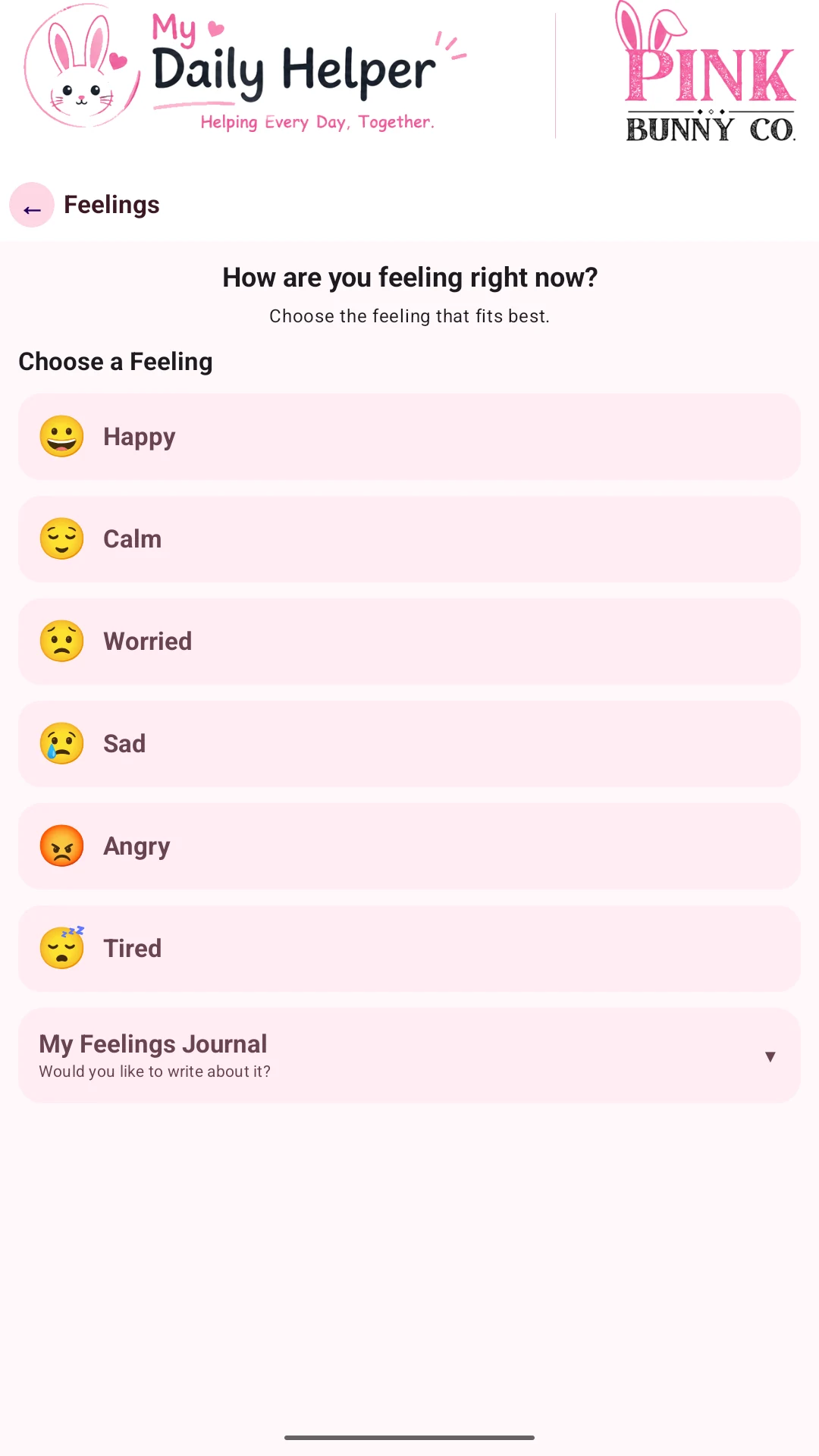 Actual My Daily Helper tablet screen: Make room for feelings