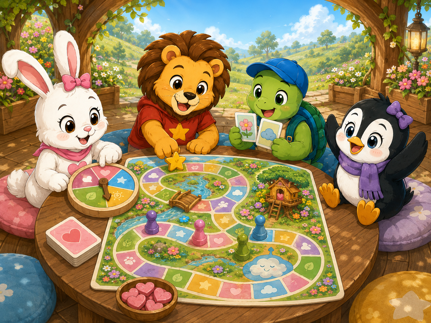 Pink Bunny, Leo, Toby, and Penny playing a colorful board game