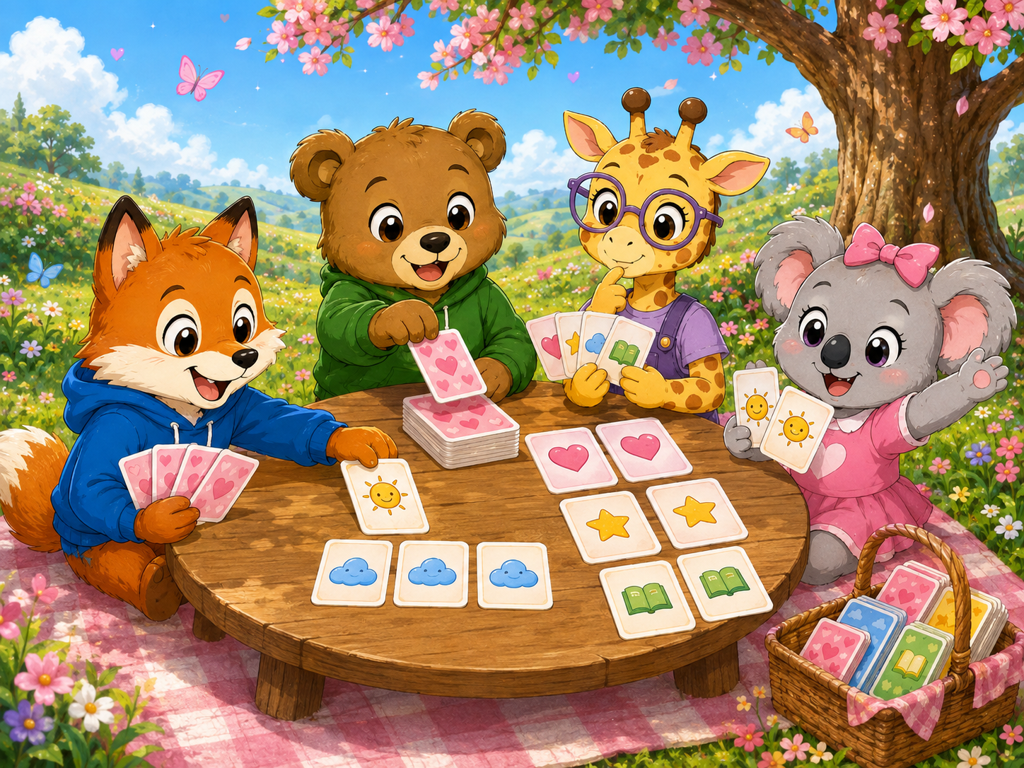 Freddy, Benji, Gigi, and Kiki playing a colorful card game outdoors