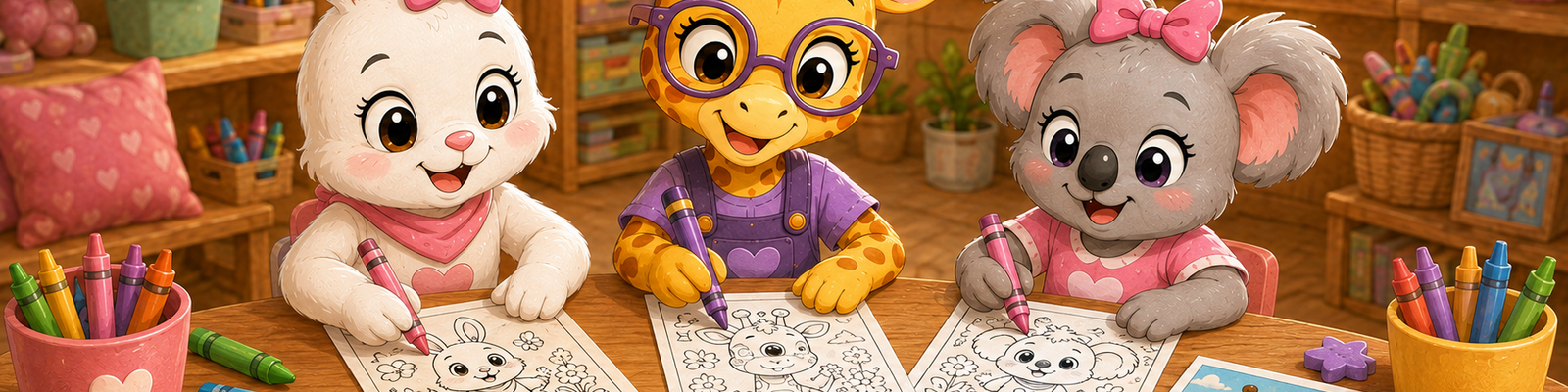 Pink Bunny, Gigi, and their koala friend coloring printable pages together