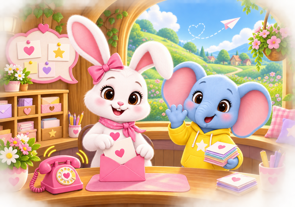 Pink Bunny and Benji helping with messages and mail