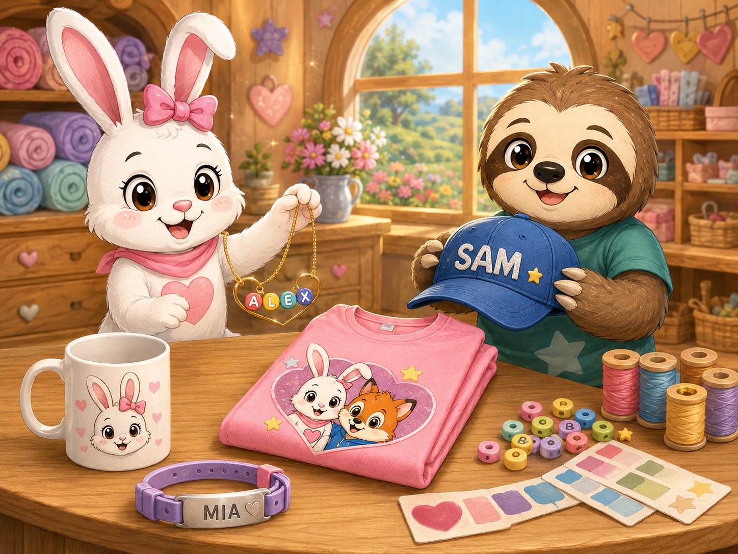 Pink Bunny and Sam displaying personalized apparel, a hat, necklace, mug, and pet collar