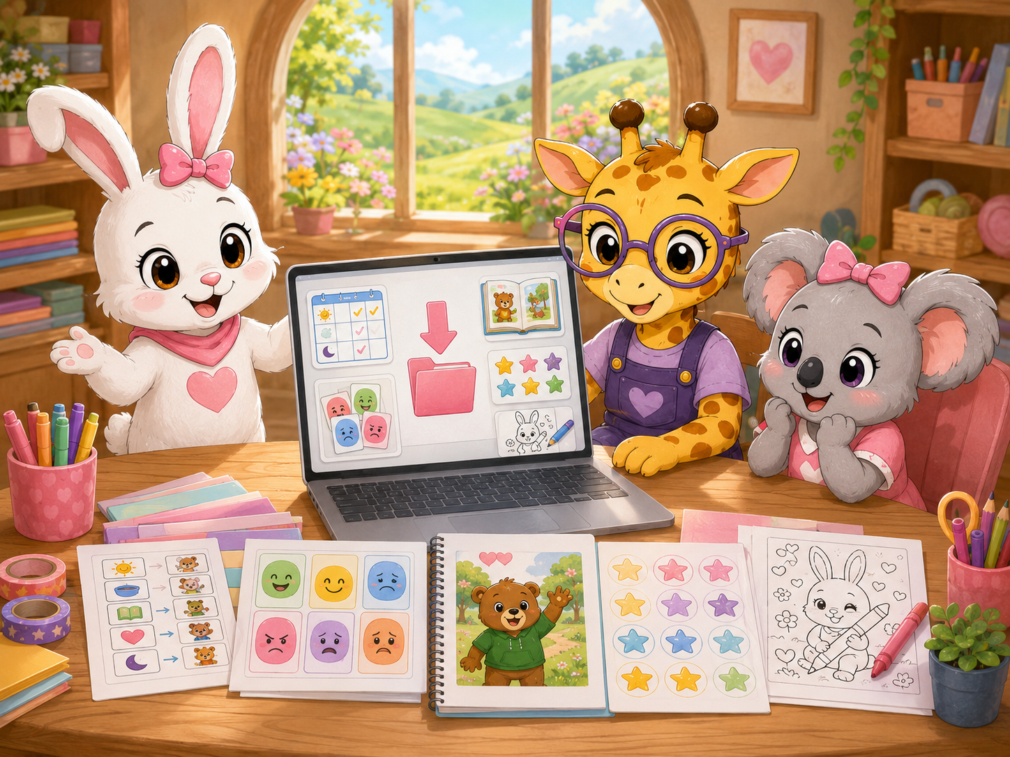 Pink Bunny, Gigi, and Kiki presenting downloadable schedules, emotion cards, stories, rewards, and activity pages
