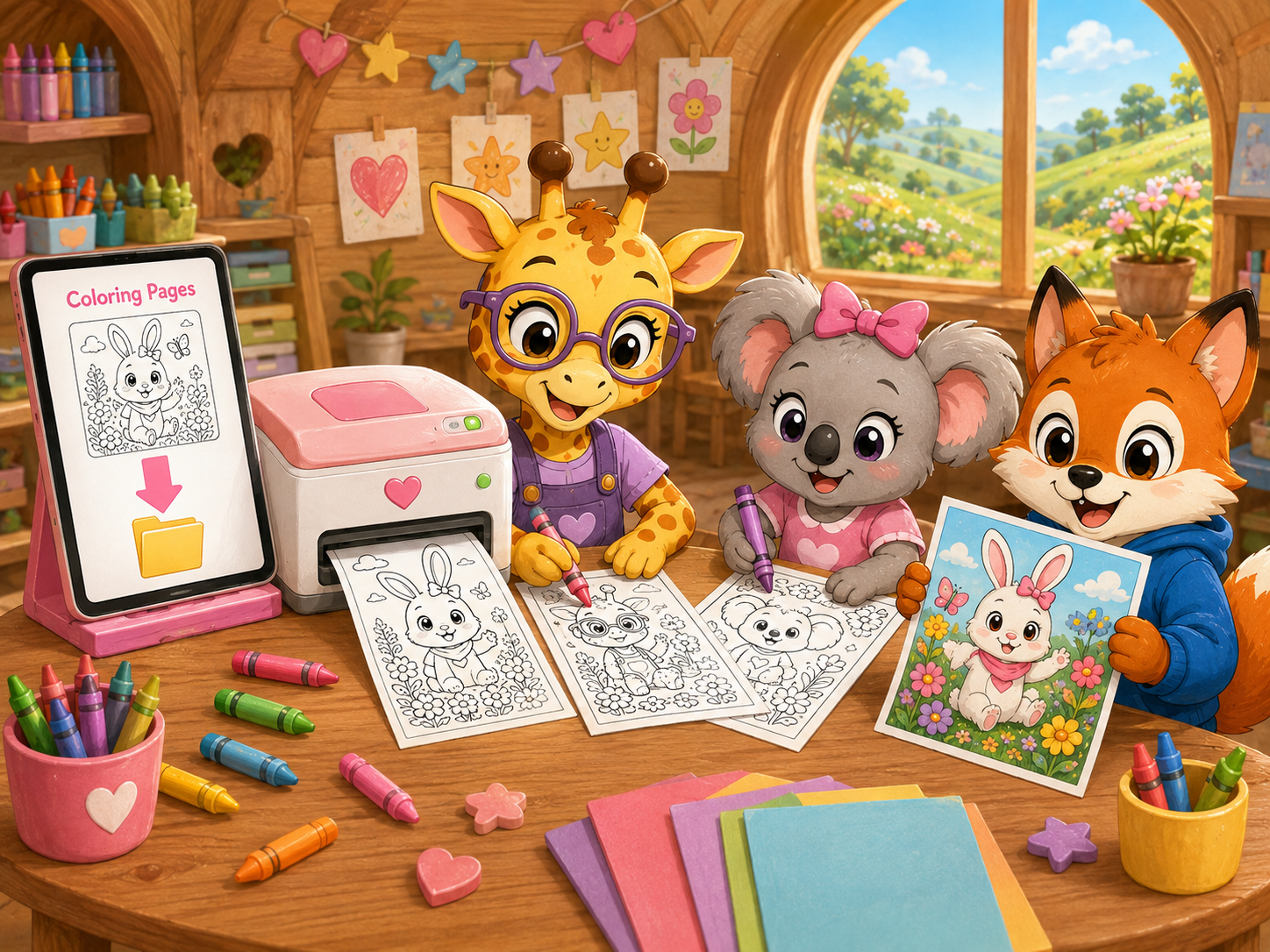 Gigi, Kiki, and Freddy presenting downloadable My Daily Helper coloring pages with crayons and a printer