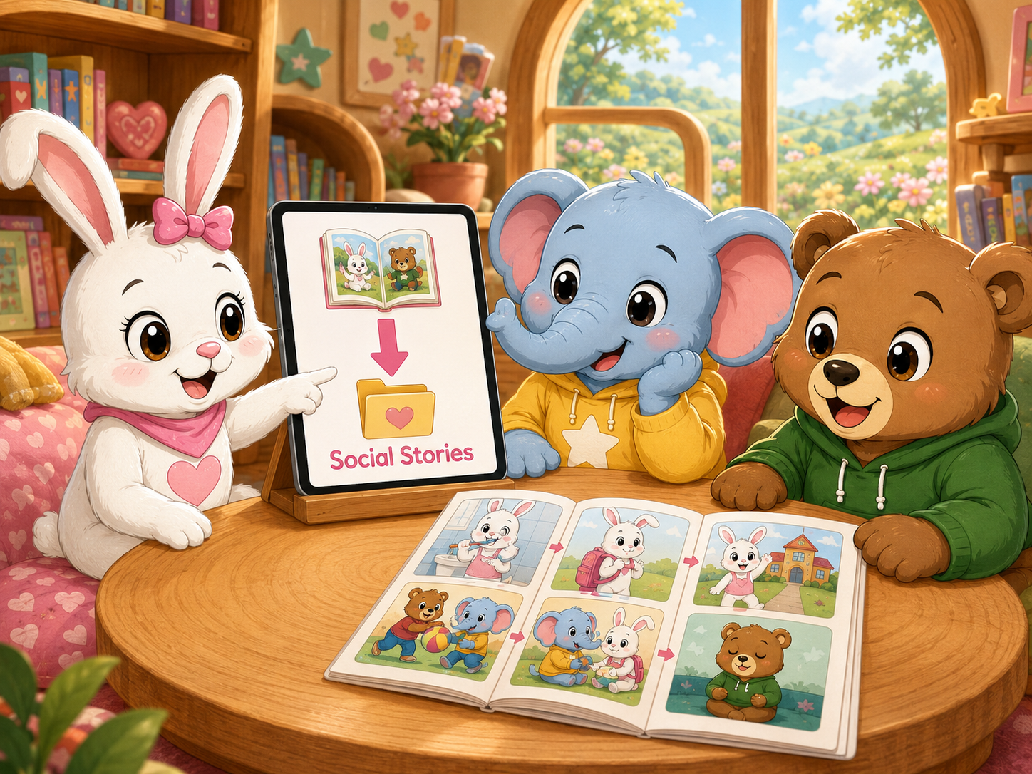 Pink Bunny, Ellie, and Benji presenting downloadable social stories on a tablet and in a picture book