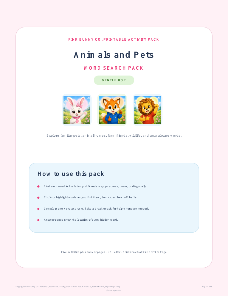Animals and Pets Word Search Pack cover