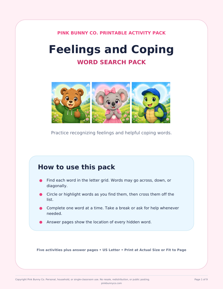 Feelings and Coping Word Search Pack cover
