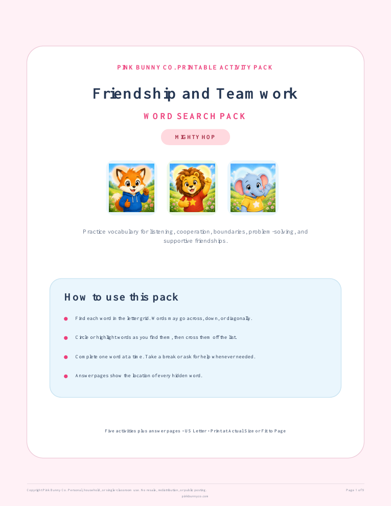 Friendship and Teamwork Word Search Pack cover