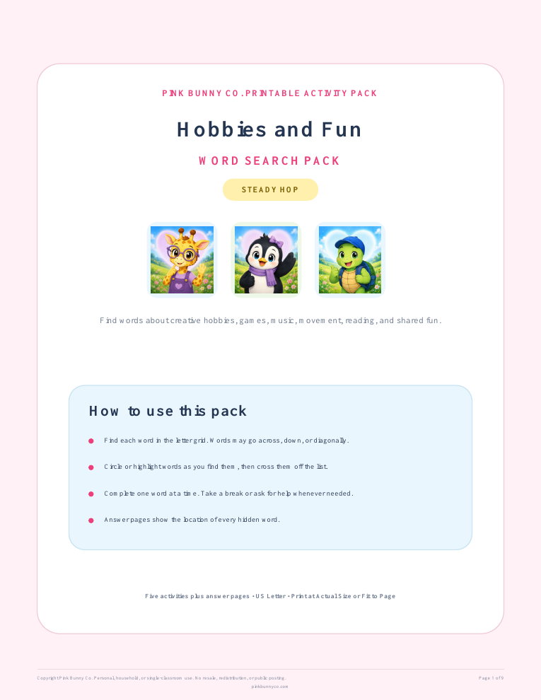 Hobbies and Fun Word Search Pack cover