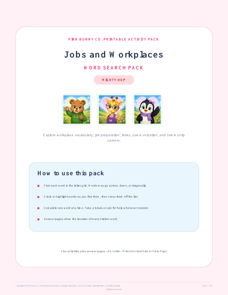 Jobs and Workplaces Word Search Pack cover