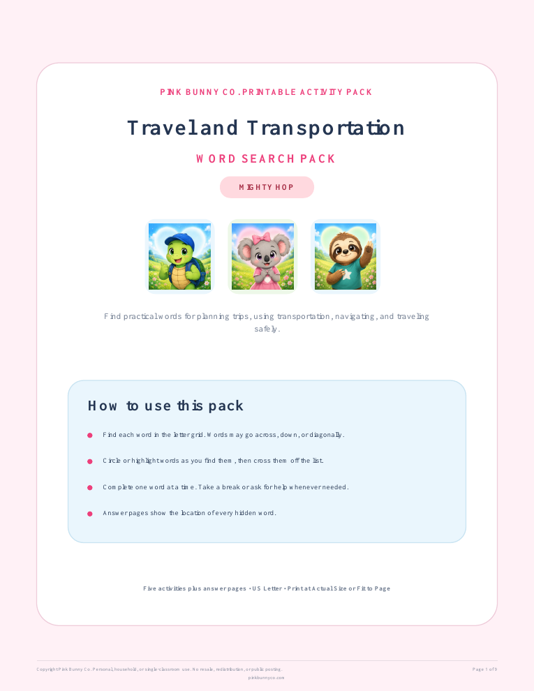 Travel and Transportation Word Search Pack cover