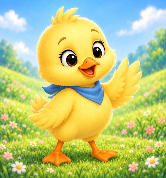 Daisy the yellow duck waving in a blue neckerchief