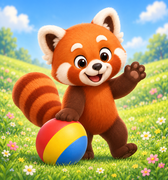 Riley the red panda with a colorful ball