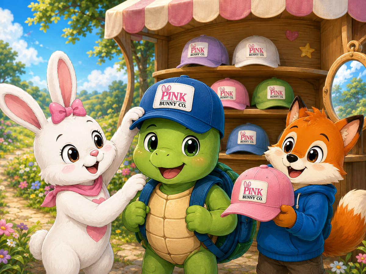 Pink Bunny, Toby, and Freddy showing colorful Pink Bunny Co. hats