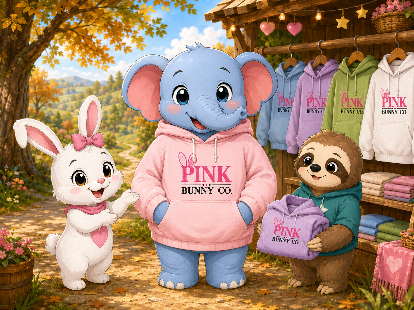 Ellie modeling a pink Pink Bunny Co. hoodie with Pink Bunny and Sam