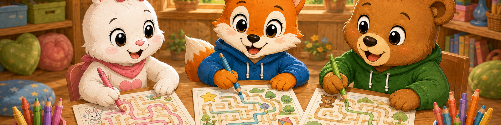 Pink Bunny, Freddy, and Benji solving printable mazes together