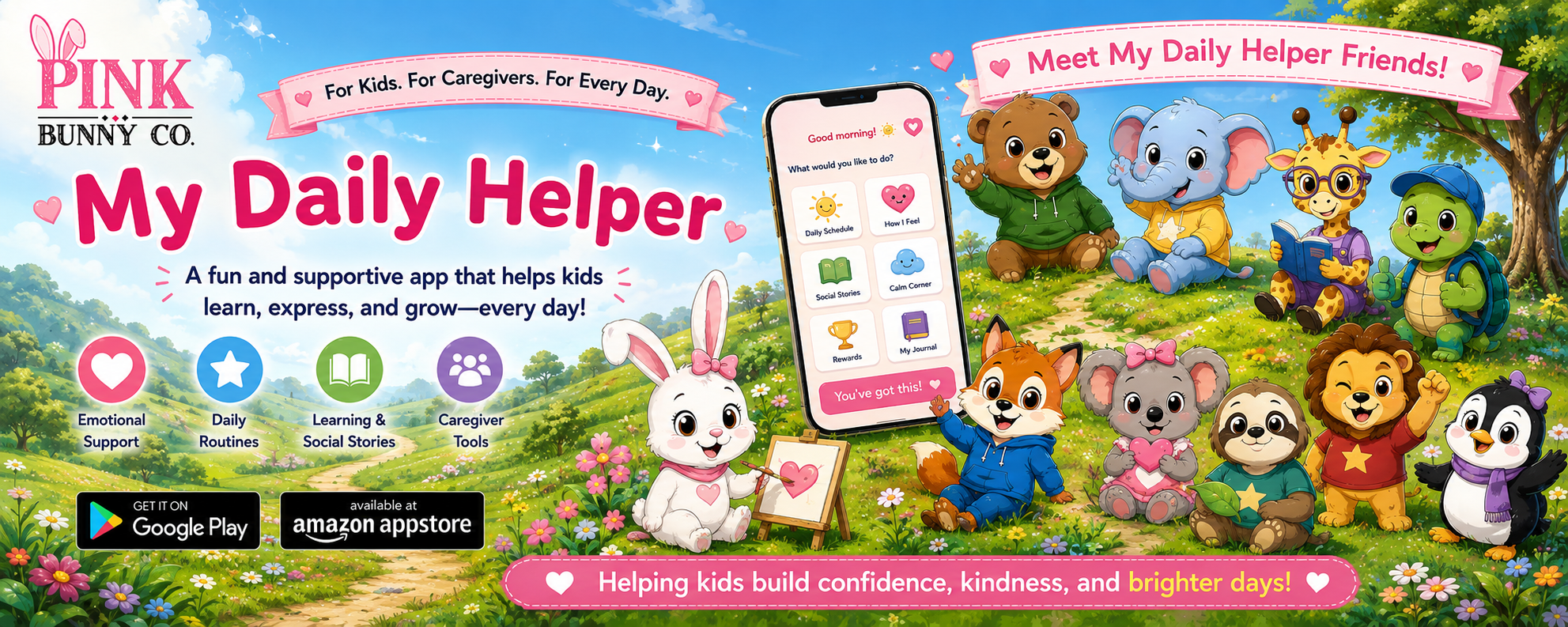 My Daily Helper app with Pink Bunny and the My Daily Helper Friends in a bright meadow