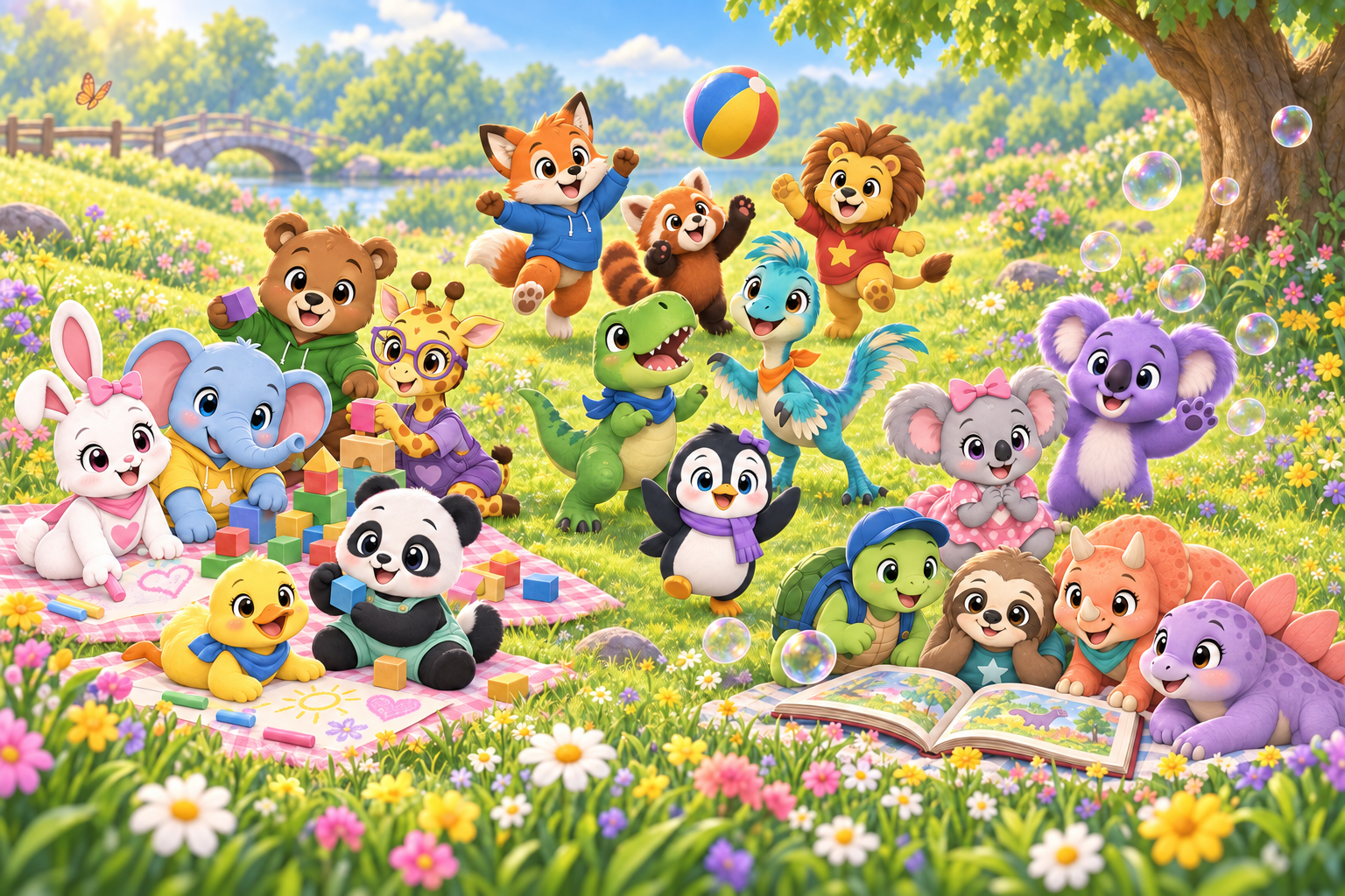 All 18 My Daily Helper Friends enjoying playtime together in a sunny meadow