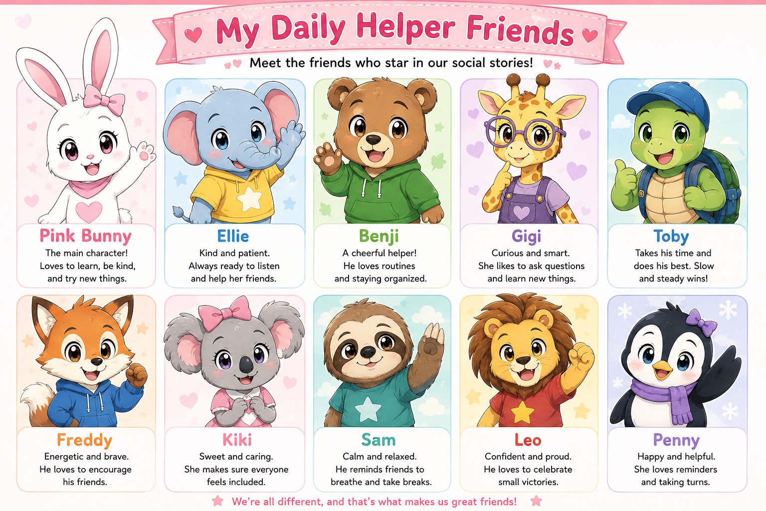 Pink Bunny, Ellie, Benji, Gigi, Toby, Freddy, Kiki, Sam, Leo, and Penny