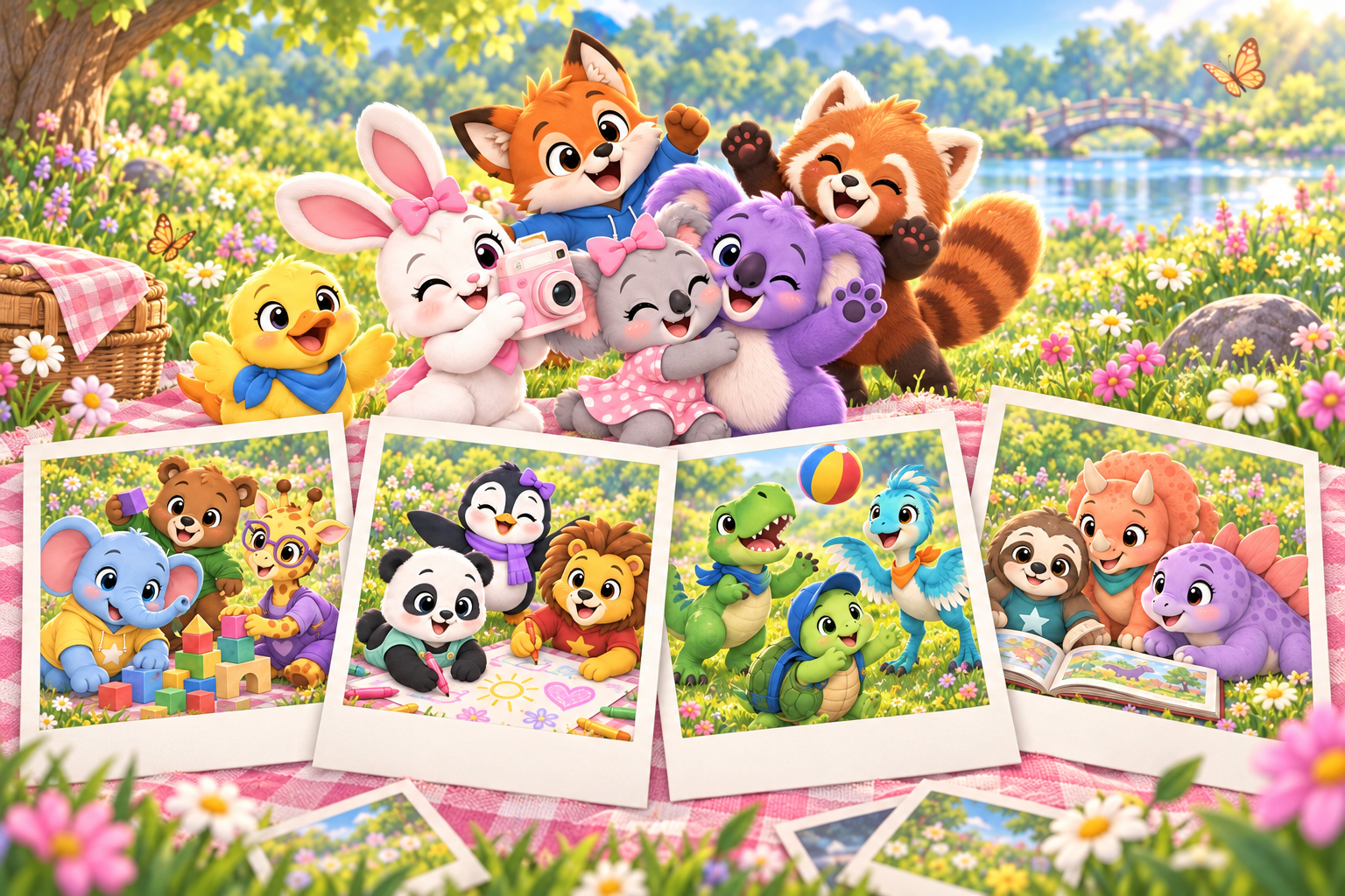 Pink Bunny taking photos with her friends, with instant snapshots of the My Daily Helper Friends playing together