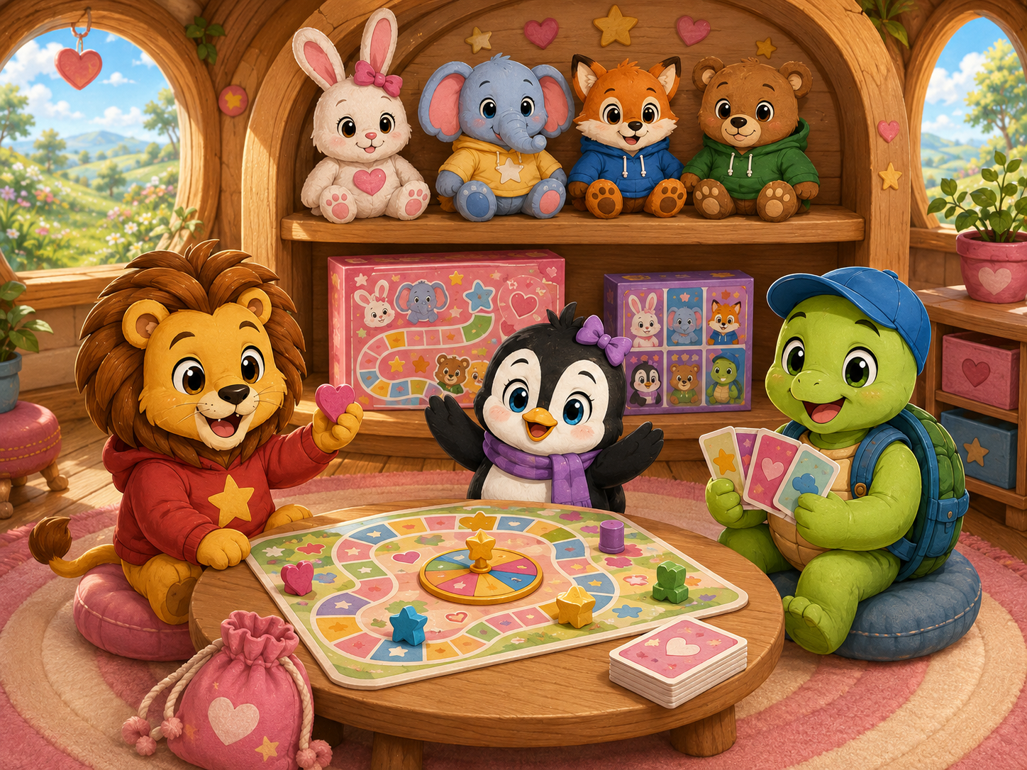My Daily Helper Friends enjoying a colorful board game with plush toys and boxed games displayed behind them