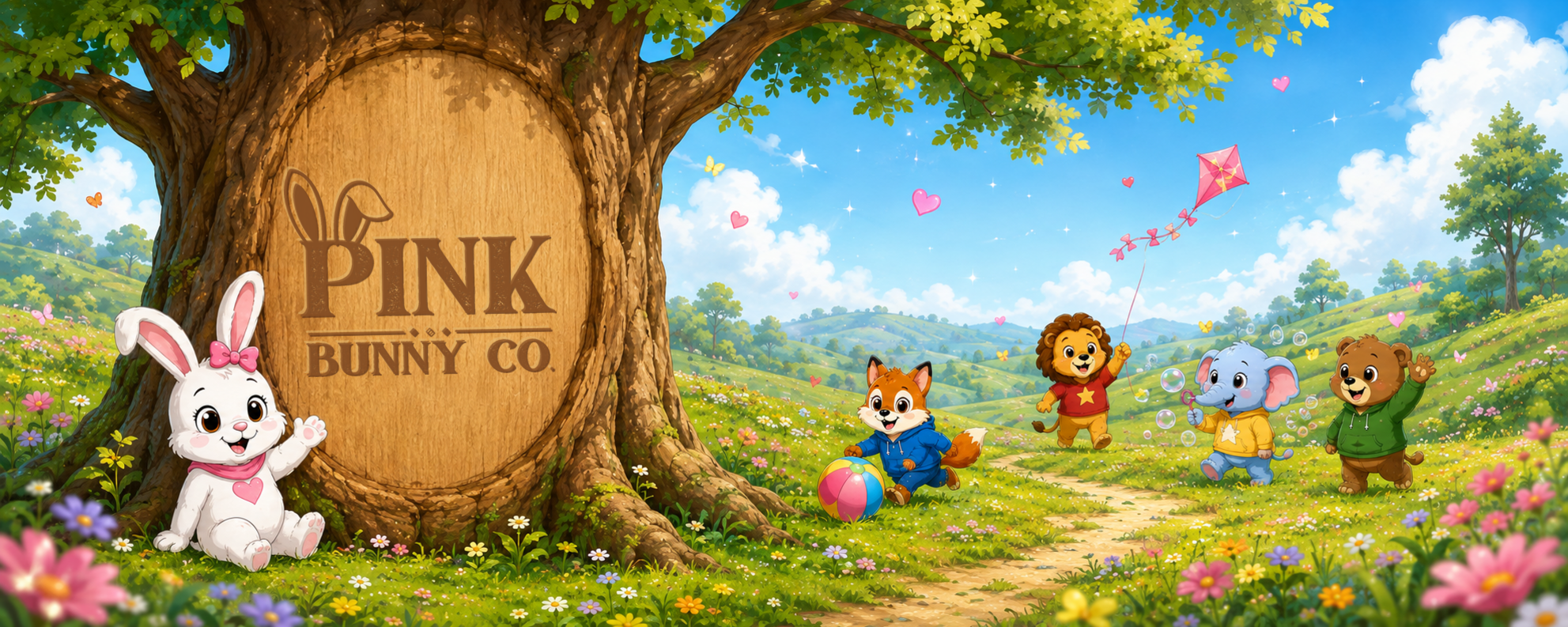 Pink Bunny welcoming visitors to Pink Bunny Co. while Freddy, Leo, Ellie, and Benji play in a sunny meadow