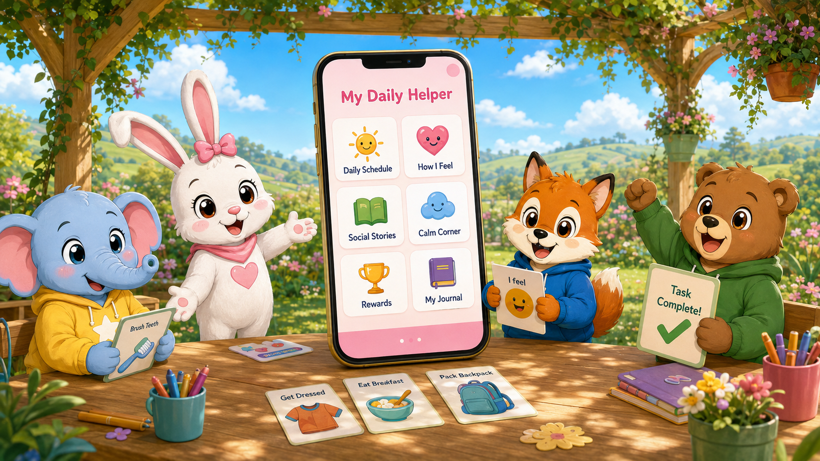 My Daily Helper app with Pink Bunny, Ellie, Freddy, and Benji using visual routine cards