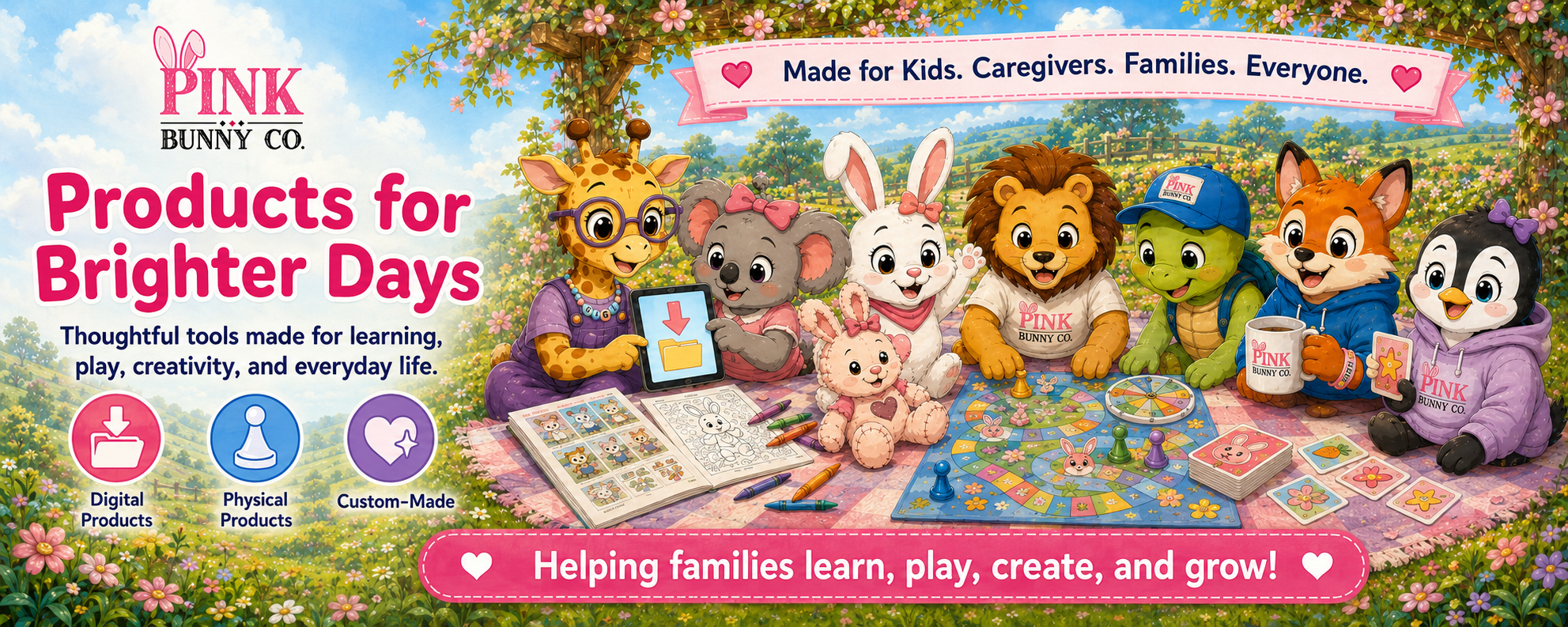 Pink Bunny Co. digital, physical, and custom-made products with the My Daily Helper Friends enjoying a sunny day together