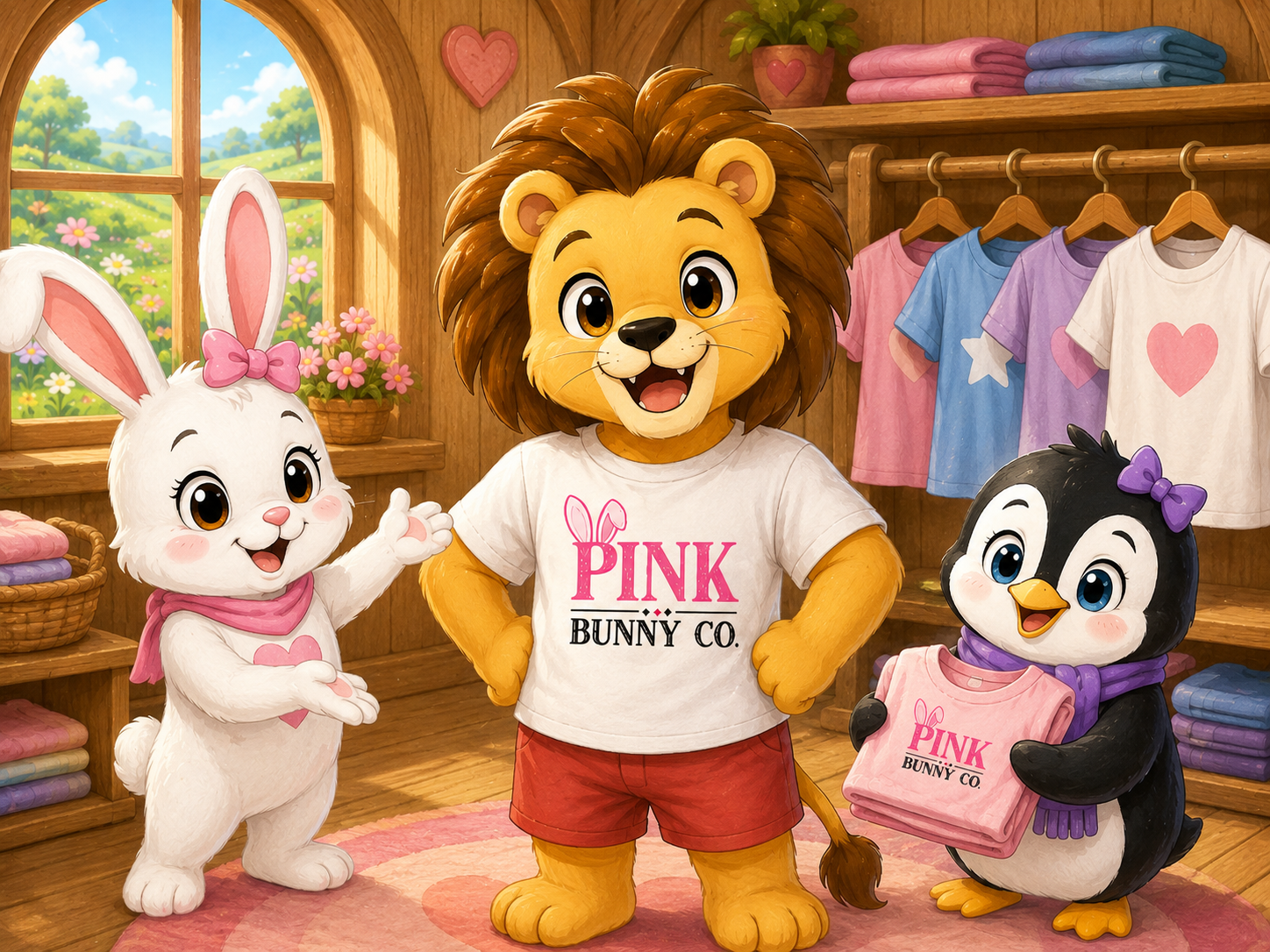 Leo modeling a Pink Bunny Co. T-shirt with Pink Bunny and Penny