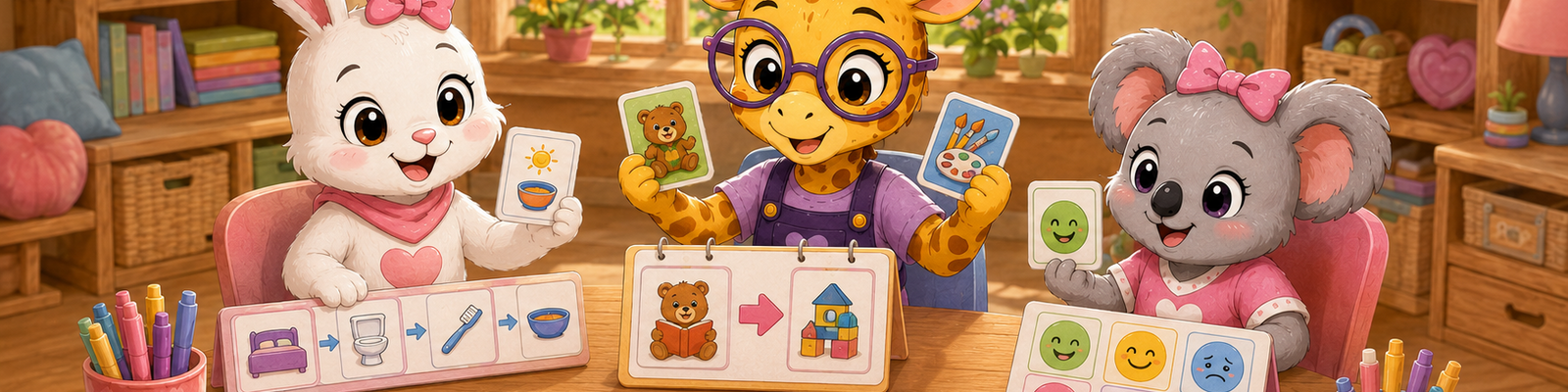 Pink Bunny, Gigi, and their koala friend using visual supports together
