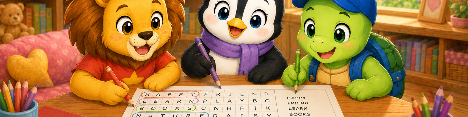 Leo, Penny, and Toby completing a traditional word search together
